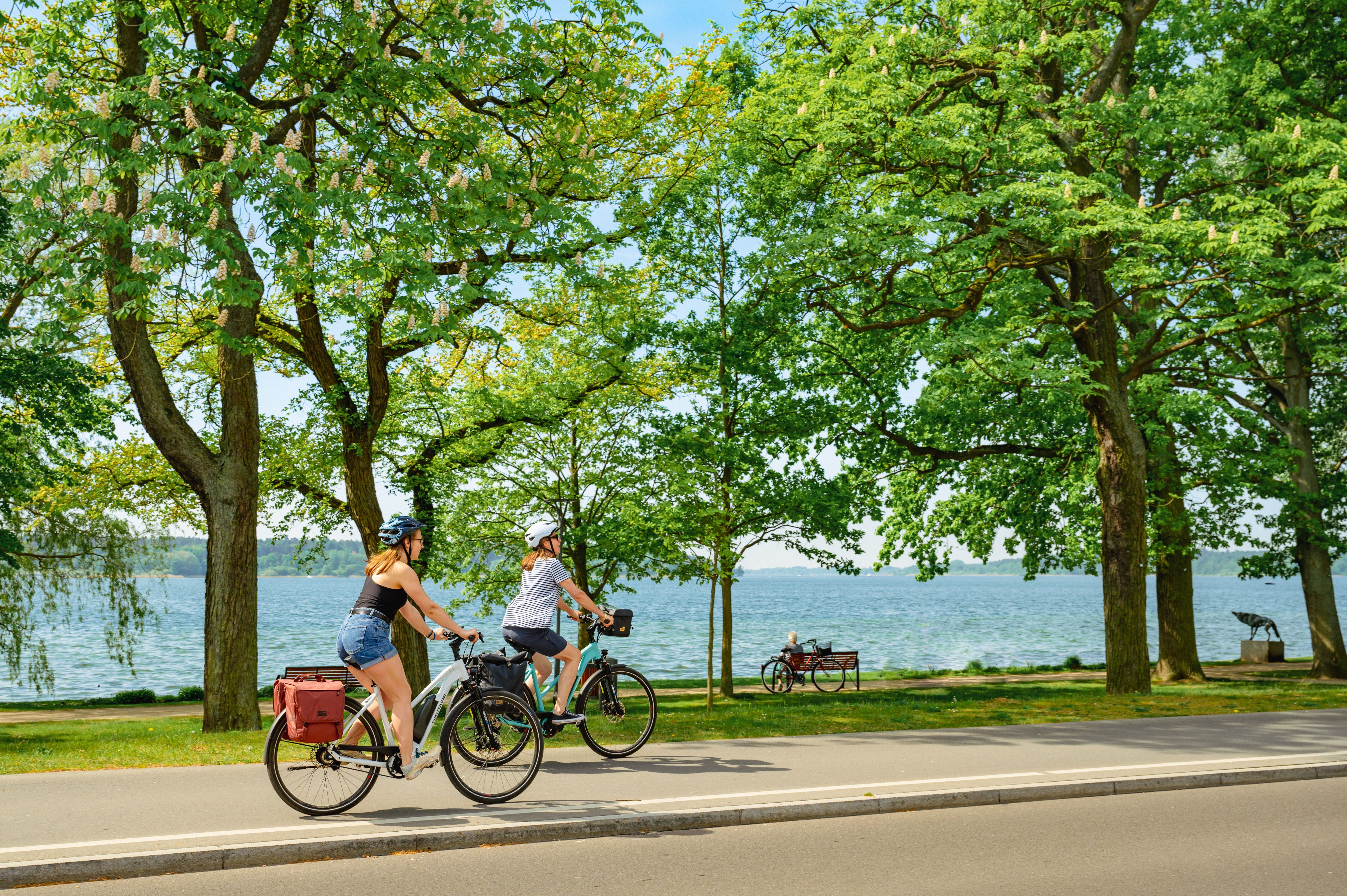 Zwei Frauen fahren auf ihren Fahrrädern entlang der Müritz